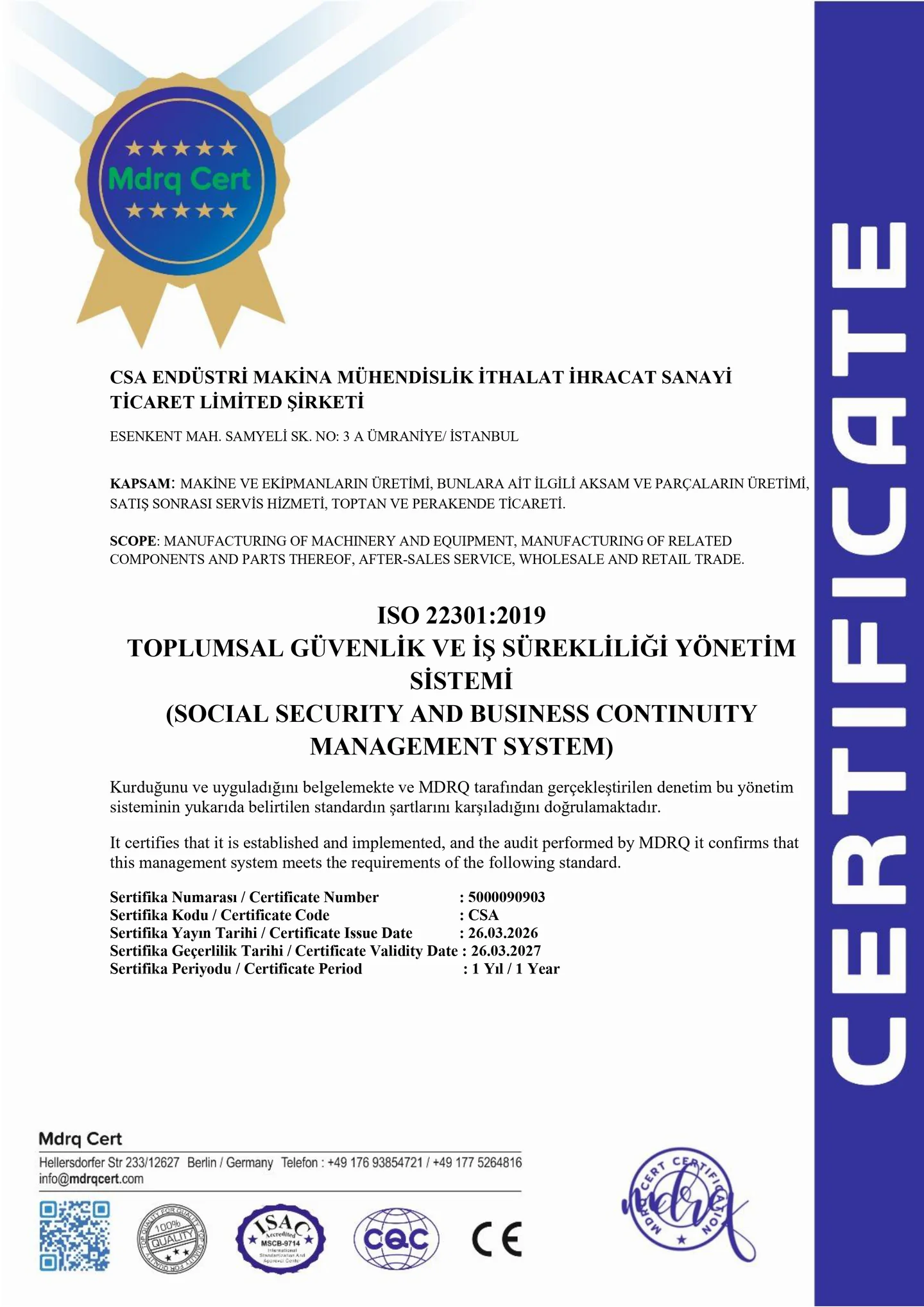Certificat ISO 22301:2019