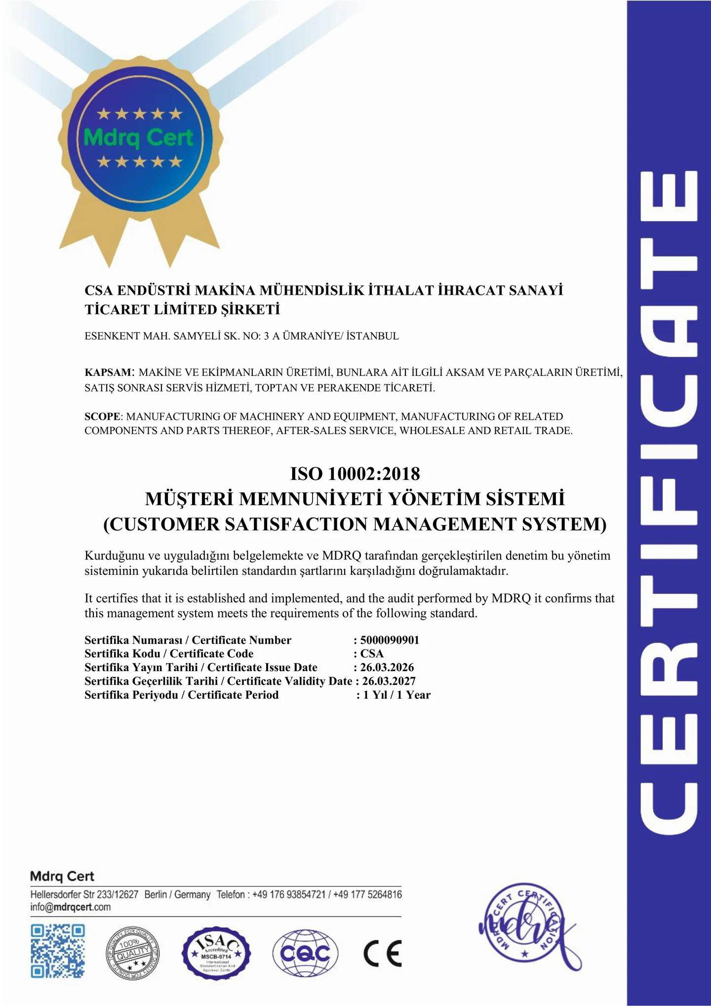 Certificat ISO 10002:2018